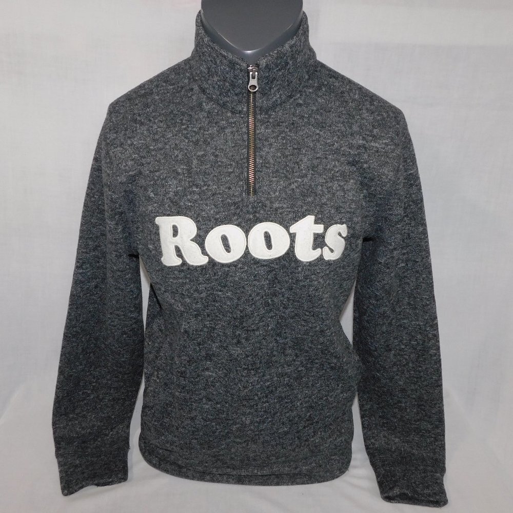 ROOTS Gray Salt & Pepper 1/4 Zip Fleece Lined Pullover Sweater Spellout Mens M